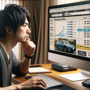 複数業者から査定を受ける男性と車の写真