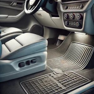 車内の座席下から発生する異臭を示す写真。シートやマットの構造が見えるリアルなイメージ。