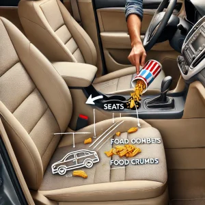 車内清掃の様子。シートとドアポケットを中心に、食べ物のカスを掃除している写真。