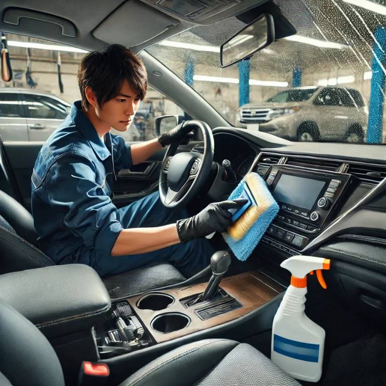 日本人の整備士が車内を清掃している写真。プロの清掃サービスが車内環境を改善する様子が見える。