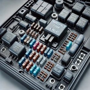 車のヒューズボックスのリアルなクローズアップ写真。ワイパーのヒューズとリレーの位置が示されています。