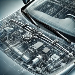 車のワイパーシステムのリアルな写真。ワイパーアーム、ワイパーブレード、モーターの位置が見える構造。