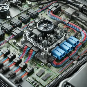 車のエンジンコンピュータと電子制御系統のリアルな写真、配線と制御ユニットが見える。
