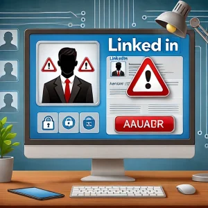 LinkedInのプロフィールをレビューしながら詐欺に注意を促す様子を描いた画像。コンピュータ画面にはLinkedInのインターフェースが表示され、警告を示す赤いアイコンが目立つデザイン。