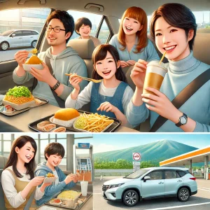 ドライブ旅行中に家族が楽しむ様子。サービスエリアで食事をする風景やリラックスした車内の雰囲気が描かれている。