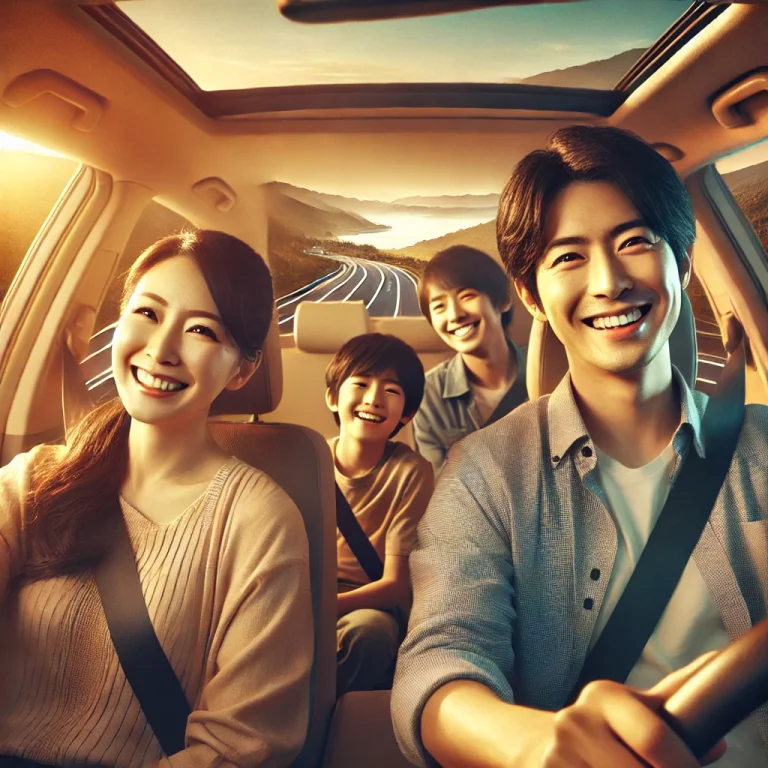 家族や友人と楽しむドライブ旅行を象徴する風景。車内の笑顔と美しい旅先の景色が描かれている。