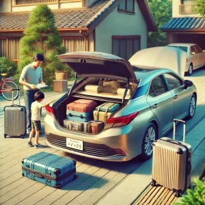 ドライブ旅行の準備として、車の点検や荷物整理を行っている様子。トランクが開いた車と整理された荷物が映し出されている。