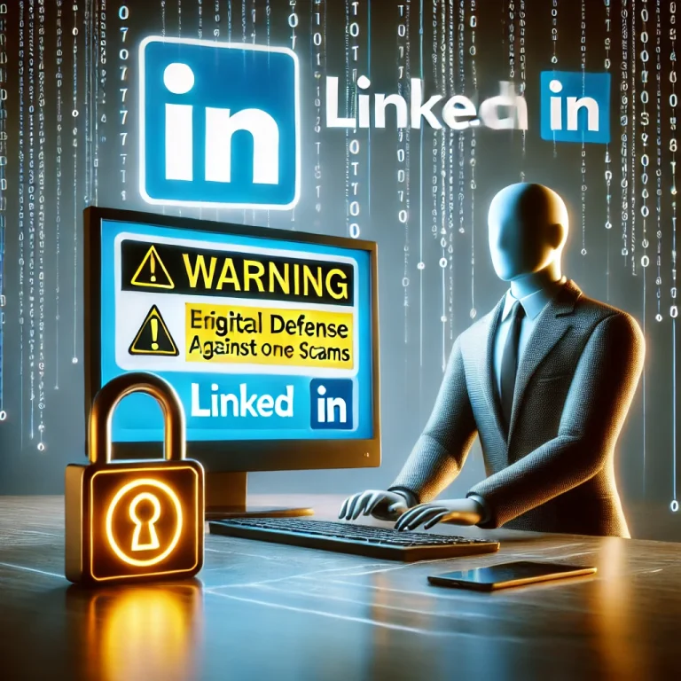オンライン詐欺対策を象徴するセキュリティ警告サインと、LinkedInのロゴが表示されたコンピュータ画面、デジタル防御を表す南京錠が描かれたリアルなイメージ。