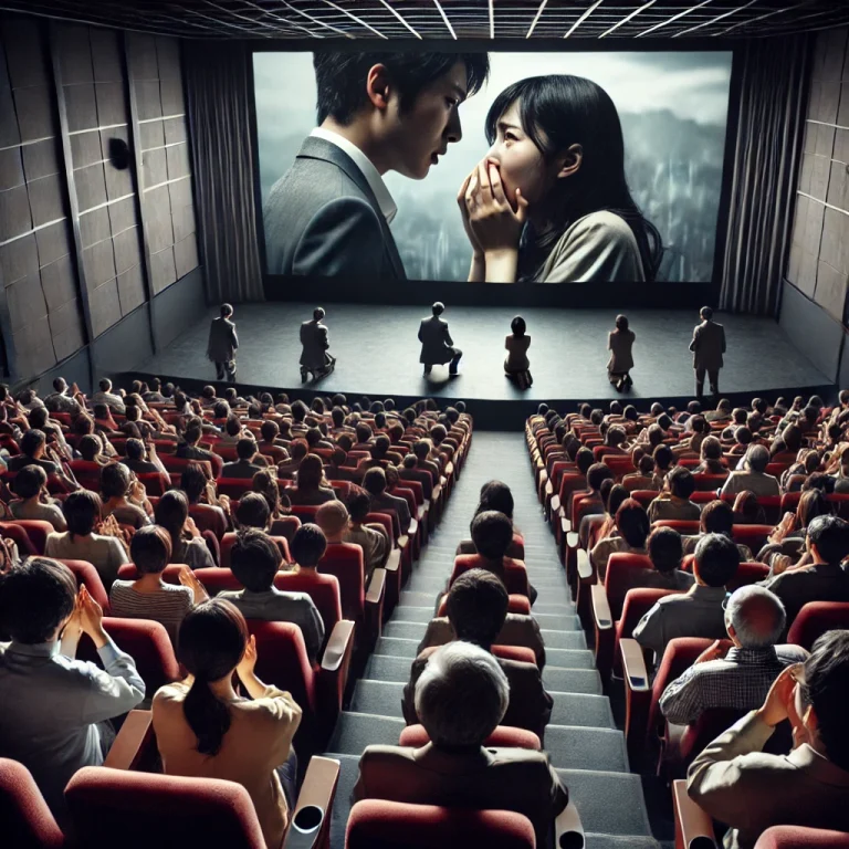 映画館でドラマチックなシーンに感動している日本の観客たちをリアルに捉えた写真。映画と観客の深いつながりを表現。
