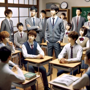 ドラマ『御上先生』で描かれる進学校の生徒たちが教室で議論するリアルな写真風イメージ