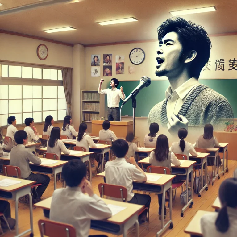 高校の教室で熱弁を振るう松坂桃李さん演じる御上先生のリアルな写真風イメージ