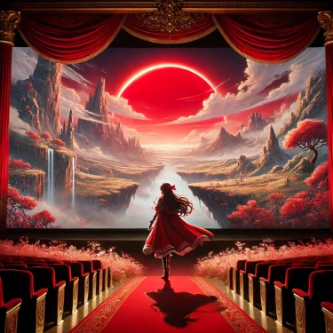映画『果てしなきスカーレット』のイメージ。広大で幻想的な風景の中、赤い空を背景に崖の上に立つプリンセスの姿が描かれている。壮大な冒険とドラマを象徴するシーン。