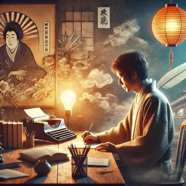 松下洸平さんのエッセイ執筆風景を象徴する日本人男性のリアルな描写。創造的で温かみのある雰囲気のデスクが特徴的。