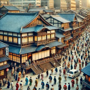 江戸時代の出版業が栄えた日本の街並みを描いたリアルな写真風のシーン。伝統的な衣装を着た人々と活気ある街並みが広がる。