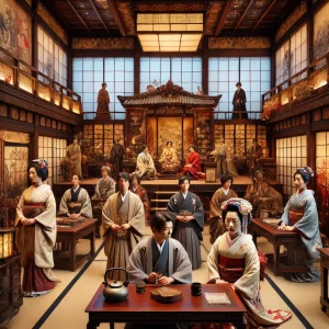 歴史的な日本のドラマシーンを再現したリアルな写真風のイメージ。江戸時代の設定で、華やかな着物を着た俳優たちが伝統的な出版所の装飾に囲まれて演じている。