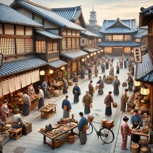 活気あふれる江戸時代の街並みを描いたリアルな写真風のイメージ。伝統的な日本建築の背景で、商人や職人、客たちが交流する様子が描かれている。