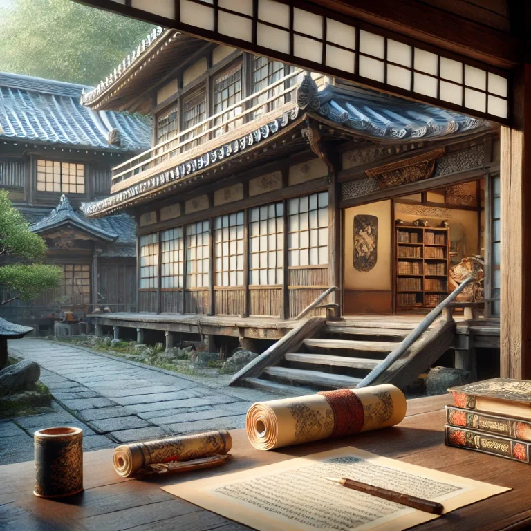 江戸時代の出版所を描いたリアルな写真風のイメージ。伝統的な日本建築が背景に広がり、巻物や書物が並ぶ静かな雰囲気が、日本の歴史ドラマの重要な要素を表現している。