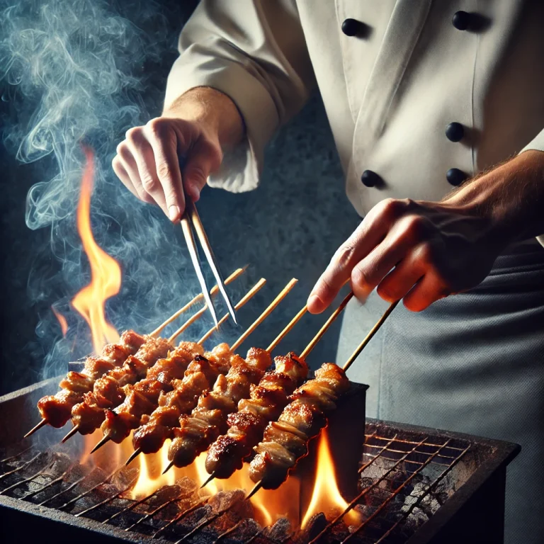 日本の焼き鳥店で、炭火で焼き上げられる焼き鳥の串を調理する職人の姿を捉えたリアルな写真。炎と煙が伝統の調理法を強調。