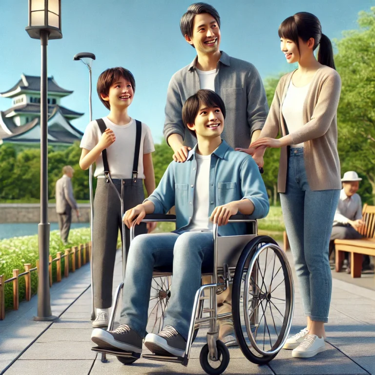 観光地で家族と一緒に旅行を楽しむ車椅子利用者。青空の下、バリアフリーの公園で笑顔を見せる様子。