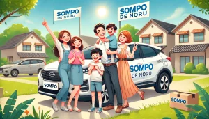 SOMPOで乗ーるのカーリース利用者が、新しい車の前で家族と一緒に楽しそうに記念写真を撮影しているイラスト