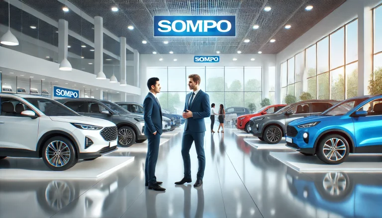 SOMPOで乗ーるのスタッフとお客様がショールームで車の選択について相談しているシーン。複数の車両が並ぶ背景。
