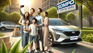 SOMPOで乗ーるのカーリース利用者が、新しい車の前で家族と一緒に楽しそうに記念写真を撮影しているシーン。