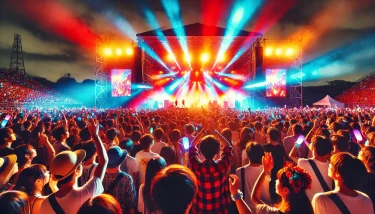 日本の夏フェス会場で、ステージのライトが輝く中、観客が音楽を楽しむ様子