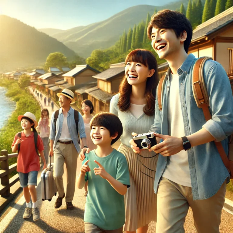 家族が旅行先を探索しながら楽しんでいる様子