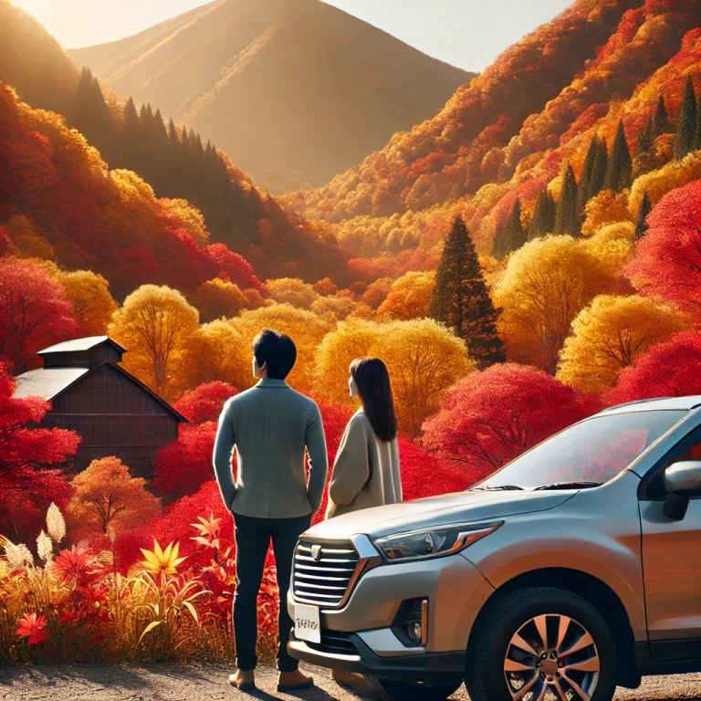 紅葉の名所で、車を停めて景色を眺める日本のカップル。