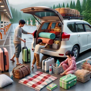 日本の道の駅で車中泊の準備をする家族。駐車場で車内を整えている様子。