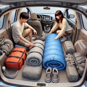 日本人のカップルが車内で快適に過ごすための準備をしている様子。