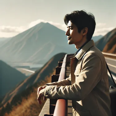 日本人男性が絶景の展望スポットで景色を楽しんでいる。遠くの山々を眺め、旅の充実感を味わっている。