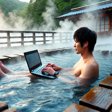温泉に浸かりながら防水ノートパソコンを使用して仕事をする日本人の男性のリアルな写真。