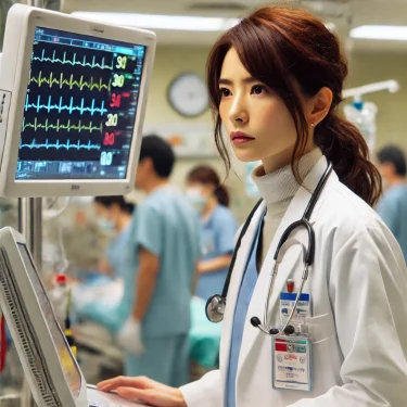 日本の女優・松本若菜さんが、緊迫した病院シーンで救命医を演じる様子。白衣を着た彼女が医療モニターに集中し、背景には医療スタッフと緊急医療機器が配置され、救命の現場の緊迫感が表現されている。