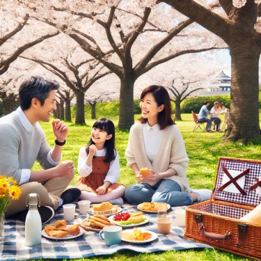 日本の家族が春の公園で桜の木の下にピクニックシートを敷き、楽しく食事をしている風景。