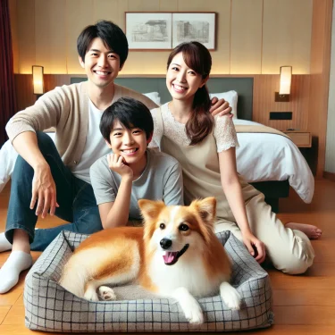 ペットフレンドリーなホテルの部屋でくつろぐ日本人家族と犬。犬はペットベッドの上で快適に過ごしている。