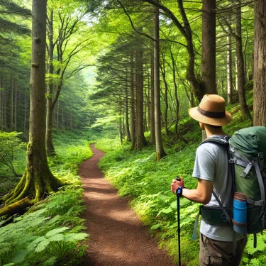 高地の森の中をハイキングする日本人旅行者。日陰が多く、涼しい風が吹く登山道を軽装で歩いている。