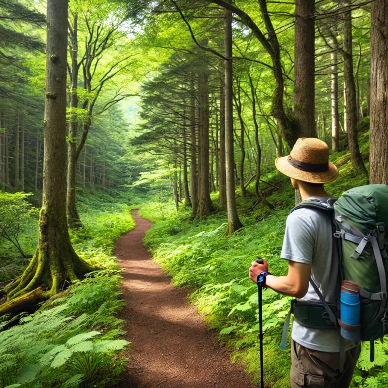 高地の森の中をハイキングする日本人旅行者。日陰が多く、涼しい風が吹く登山道を軽装で歩いている。