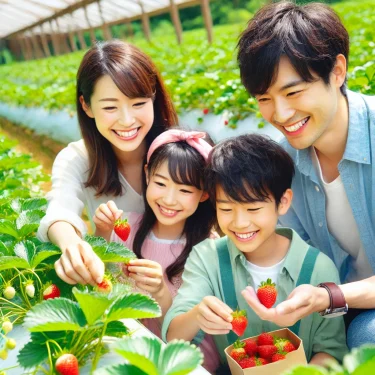 日本の家族がいちご狩りを楽しんでいる様子。親子で新鮮ないちごを摘みながら笑顔を交わし、思い出を作っているシーン。