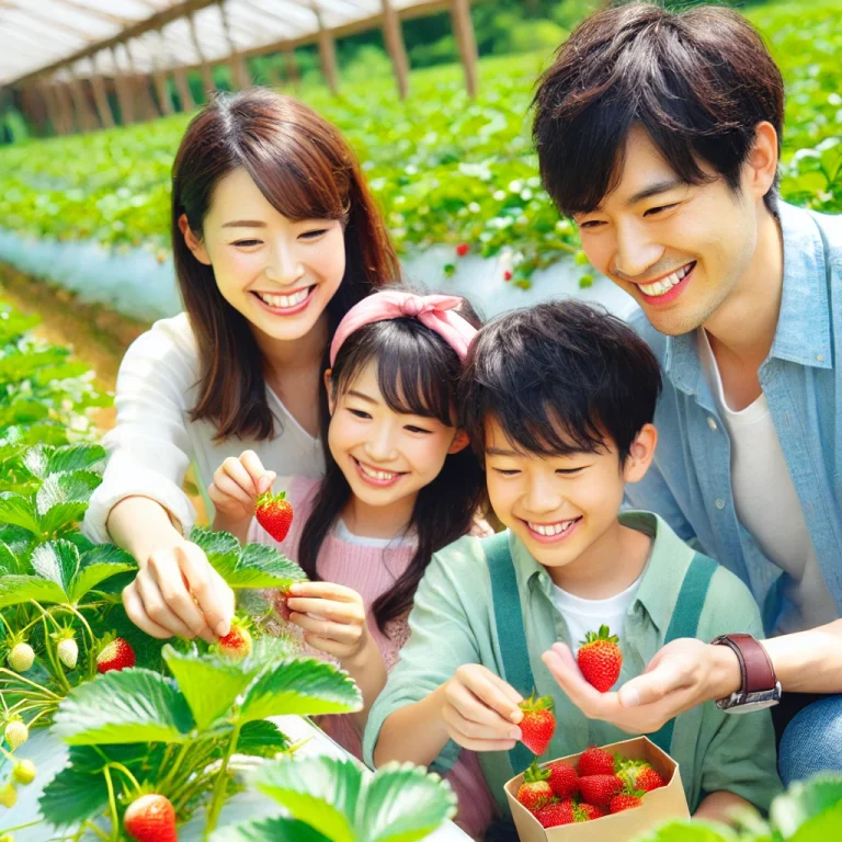 日本の家族がいちご狩りを楽しんでいる様子。親子で新鮮ないちごを摘みながら笑顔を交わし、思い出を作っているシーン。