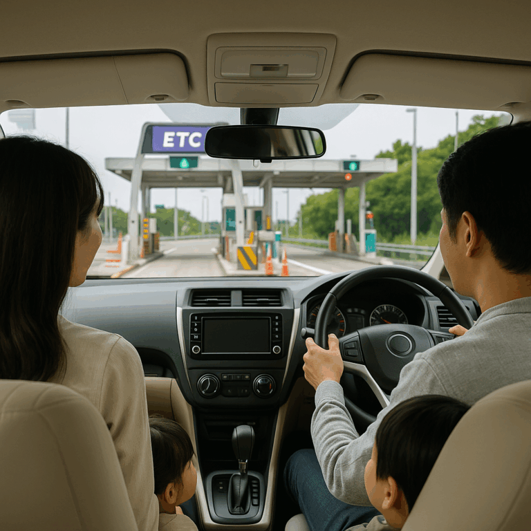 車内から見たETCゲートを通過中の日本人ファミリーカーのリアルな写真。