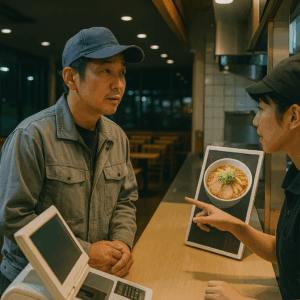 深夜のSAでラーメンを注文する日本人トラックドライバー、静かな店内