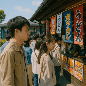 人気のサービスエリアで行列に並ぶ日本人旅行者たち、屋台スタイルの店舗前