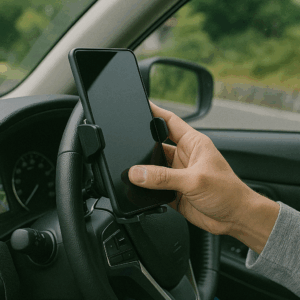 スマホを車載ホルダーに装着している様子