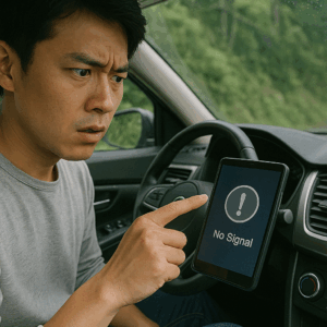 山道で電波が届かずナビに困る若いドライバー