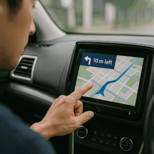 車内でカーナビ画面を見ながら運転する中年男性