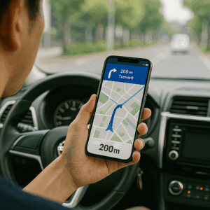 スマホでナビアプリを操作する日本人男性の手元