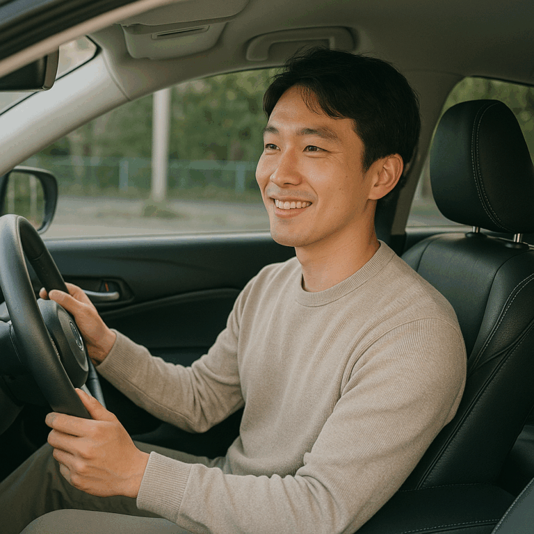 清潔に整えられた車内で爽やかな表情の日本人ドライバーのリアル写真風イメージ