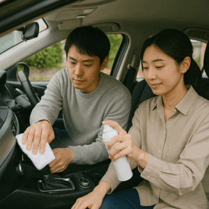 乗車前に日本人カップルが車内を拭き掃除し、無香料消臭スプレーで整えている場面