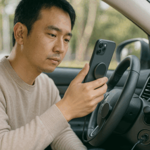 日本人ドライバーがマグネット式スマホホルダーに端末を装着し、PD充電器で給電している場面
